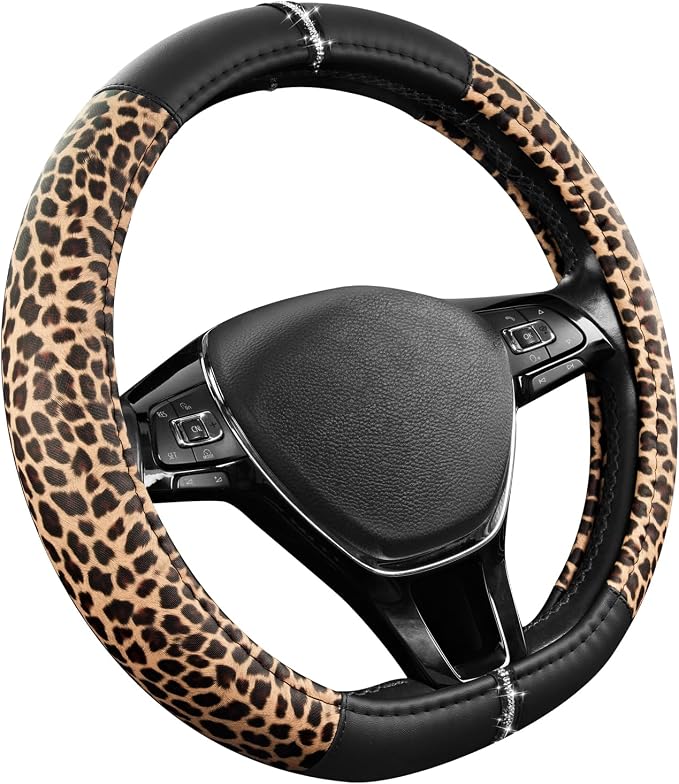 Road Comforts Leopard Steering Wheel Cover for Women, Cute Anti-Slip Microfiber Leather, Fits D Shape Flat Bottom Steering Wheel 14.5-15 Inch - Black - Image 2