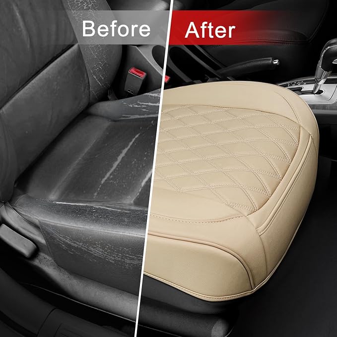 BEITK 1 Pack Leather Front Car Seat Bottom Cover Beige | PU leather,Waterproof, Full Wrap, Non-slip, Universal Fit for Sedan Truck SUV, Easy to Install - Image 5