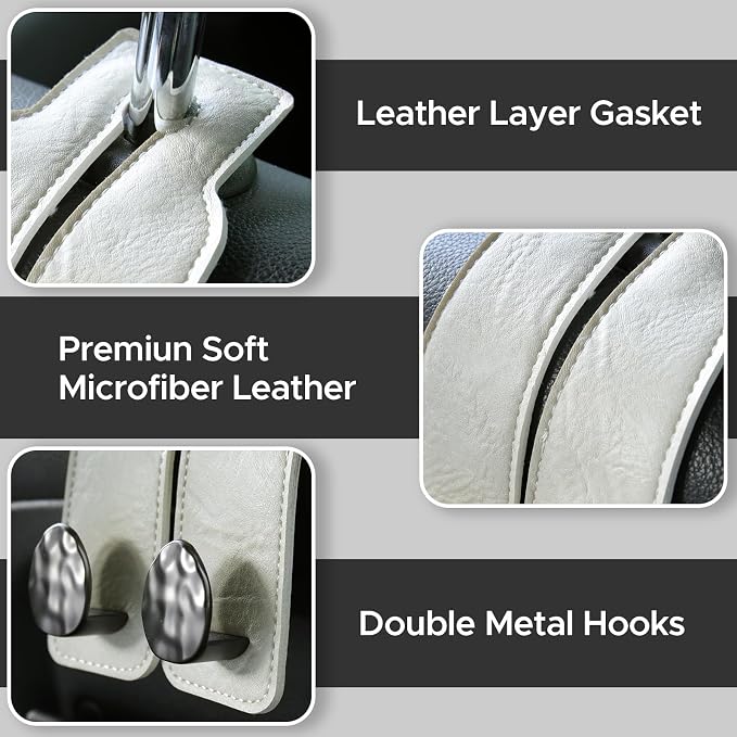 Leather Car Purse Hook for Headrest, 4 Pack, White-Black | Twin Hooks Headrest Hangers, 2/4 Pack, No-Slip, Scratch-Proof, Holds Purses, Backpacks, Grocery Bags, Car Organizer Gift - Image 6