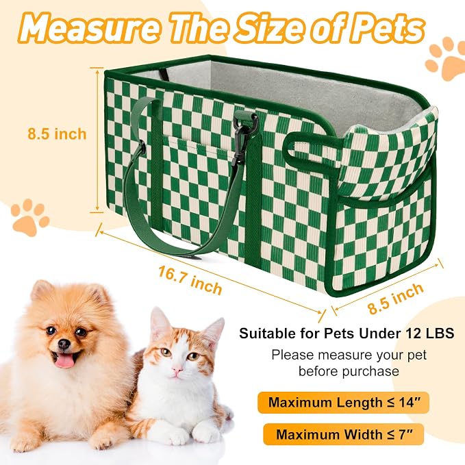Console Dog Car Seat for Small Dogs, Foldable Booster Seat, Green Checkered | Portable Booster Seat Sits On Car Console/ Armrest. Foldable for Easy Storage. for Center Console, Easy To Clean. - Image 2
