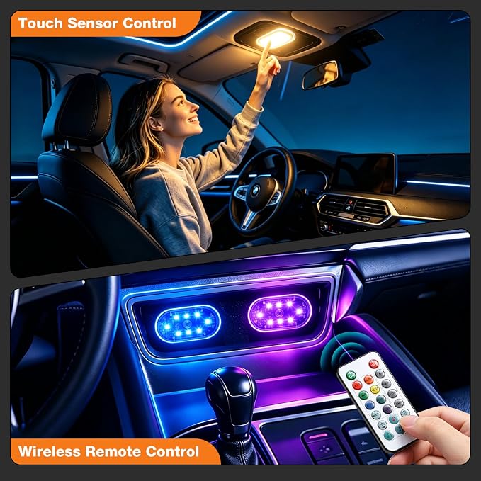 8PCS Magnetic Wireless Interior Car Lights, 8 Colors RGB Ambient Nightlight | LED Rechargeable Strobe Lighting with Remote & Touch Control, Vehicle Decor for Footwell Door Dash Glove Box – Car Truck SUV - Image 3