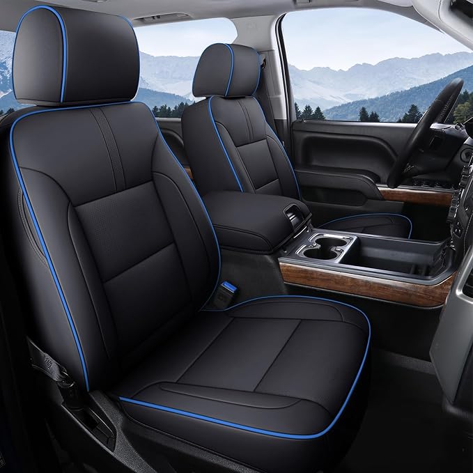 Coverado Silverado Seat Covers Full Set, Faux Leather Car Seat Covers Fit for Chevy Silverado GMC Sierra 2007-2013 & 2019-2026 1500, 2020-2026 2500HD 3500HD Crew Double Extended Cab(Blueline) by COVERADOAUTO
