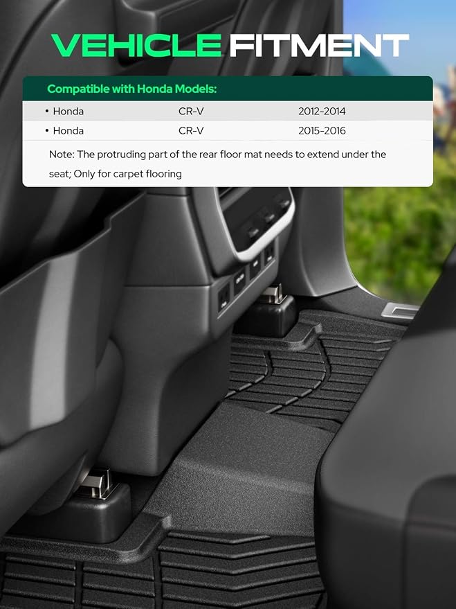YHTAUTO Automotive Floor Mats for Honda CR-V 2012-2016 | for Carpet Flooring Only | TPE All Weather Car Mats, Anti-Slip & Custom Fit Floor Liners | Front & 2nd Row, Black, Set of 3 - Image 3