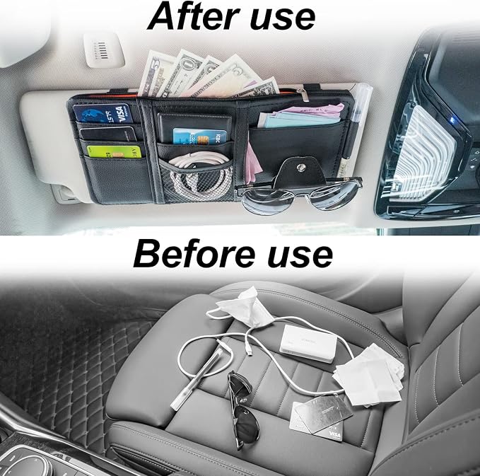 Keedolla Car Sun Visor Organizer, Auto Interior Accessories Pocket Organizer Visor Storage Pouch Sunglasses Holder with Zipper Pocket for Truck, SUV - Black - Image 8
