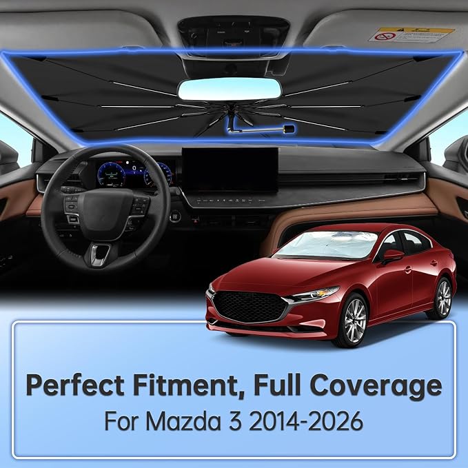 Windshield Sun Shade Umbrella for Mazda 3 2014-2026 Front Window | Foldable Car Sunshade, Highly Reflective Auto Sun Shield Visor for UV Protection, Keep Car Cool Accessories - Image 2