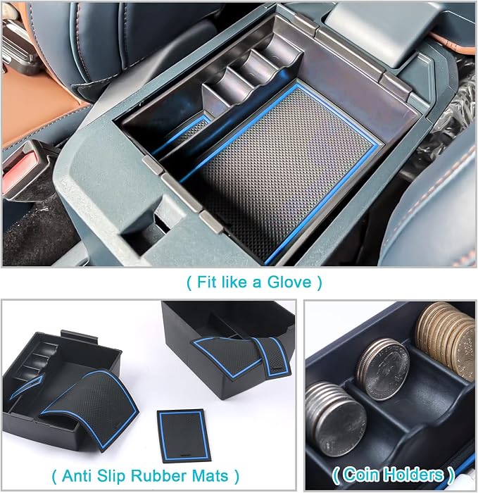 CDEFG for 2022-2025 2026 Ford Maverick Center Console Organizer Tray | for 2022-2026 Ford Maverick Armrest Trays Storage Box Coin Container Maverick Truck Accessories, 2-Pack (Blue Trim) - Image 4