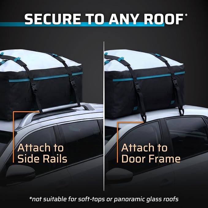 Rooftop Cargo Carrier 15 Cu Ft, Waterproof Soft Shell Roof Bag | Heavy Duty Car Top Luggage Cargo Bag with Patented Door Hooks, Protective Mat and Storage Bag (44 x 34 x 17 in, L) - Image 5