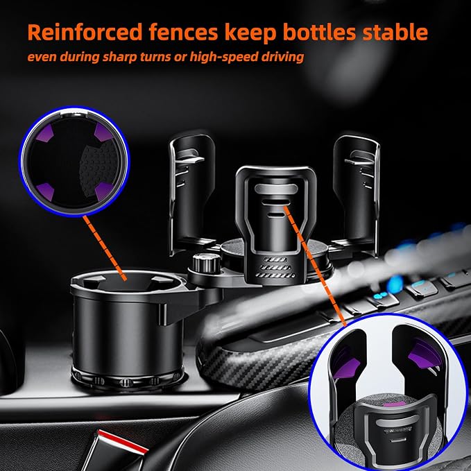2-in-1 Adjustable Car Cup Holder Expander & Organizer – Dual Automotive Drink Holder for Bottles, Snacks, Phones – Fits Most Vehicles (3.0"-5.9" Diameter, 20 oz Capacity, Non-Slip Base) Black - Image 3