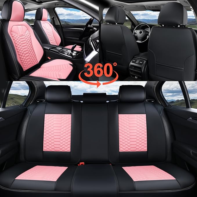 Coverado Seat Covers Full Set, Waterproof Nappa Leather Seat Covers for Cars, 5 Seats Universal Car Seat Protectors, Black and Pink Leather Car Seat Covers Car Seat Cushions Fit for Most Cars - Image 5