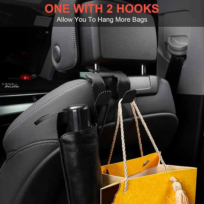 AMVOYOA 【2021 Upgraded】 Car Purse Hook, 2 in 1 Car Seat Headrest Hooks Durable Hanger Storage Holder Leather Organizer for Hanging Grocery Bags, 1 Pack, Black - Image 3