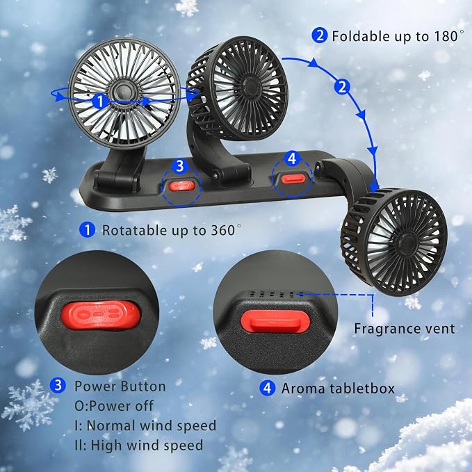Portable 3-Head Car Cooling Fan-Brushless Motor-2 Speeds, 360 Rotation, for Car Dashboard, Powerful Cooling Solution for SUV/RV/Truck/Sedan/Cruise/Office,USB Powered (3-head 5V) - Image 7