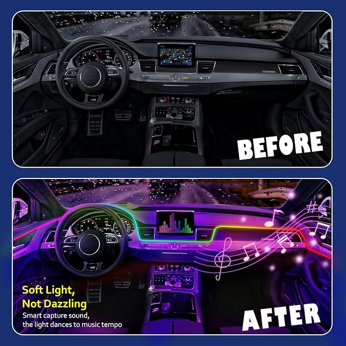 HMYC Acrylic Interior Car LED Strip Light with APP, 18-in-1 128 Colorful 6 Pieces Fiber Optic Car Decoration Atmosphere Light Kits, Dual Zone Music Sync Rhythm RGB Neon Lighting for All Cars - Image 8