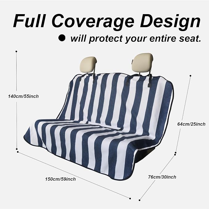 Sweat Towel Car Seat Cover Protector Front Seats for Gym Workout, Running, Swimming, Beach and Hiking, Waterproof Universal Seat Cover for Car, Trucks, Van & SUV (1, White/Blue Stripe, Rear Seat) - Image 2