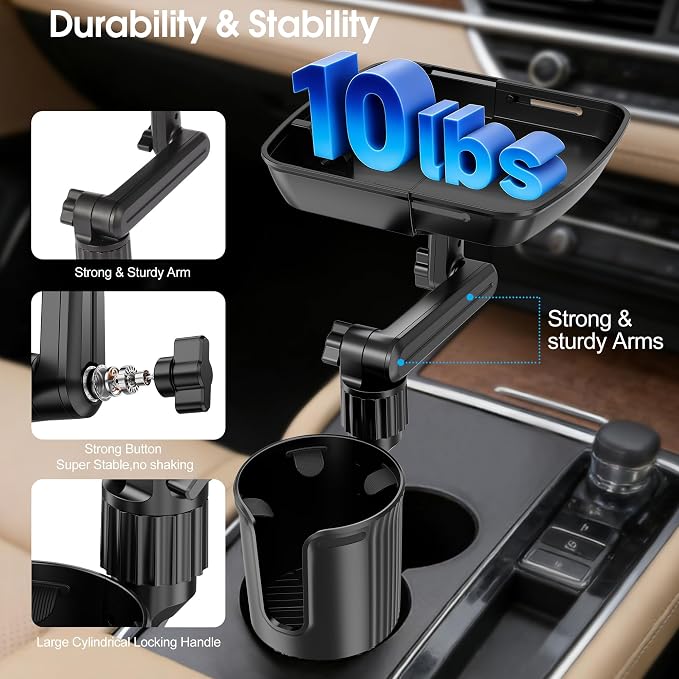 Car Cup Holder Tray, Cup Holder Expander 20.5" Height Adjustable Arm Car Food Tray Table for Eating with Phone Holder Road Trip Essential fit Most Bottles - Image 3