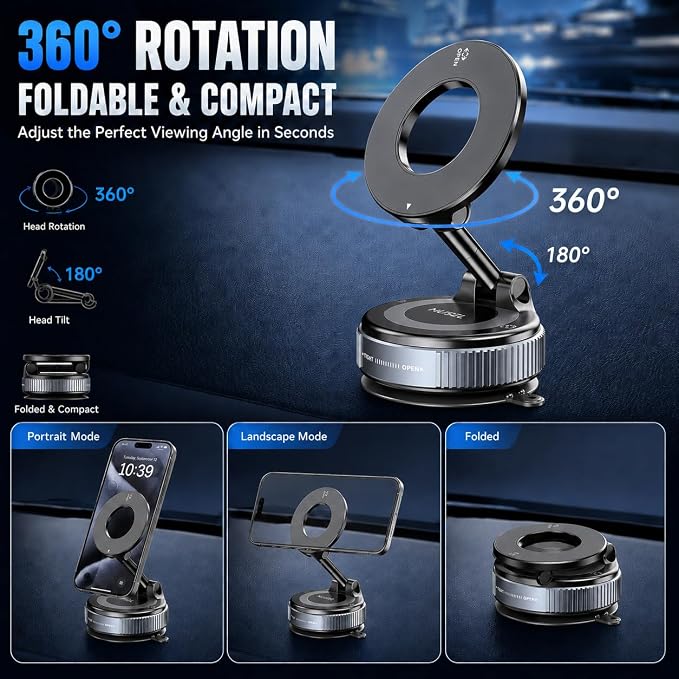 MUSEL Magnetic Car Phone Holder for MagSafe, Vacuum Mount for iPhone 17-12 | 88 lb suction hold, 2600 gf magnetic force, 22 N55 magnets, 360 degree rotation, bottom plate and ring included, dash mount - Image 5
