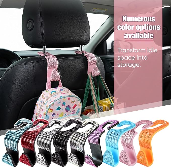 4PCS Bling Car Seat Headrest Hook, Crystal Rhinestone Backseat Hanger Organizer for Purse Handbag Umbrella, Shiny Auto Interior Seat Back Storage Holder Hook, Universal Fit (Black) - Image 4