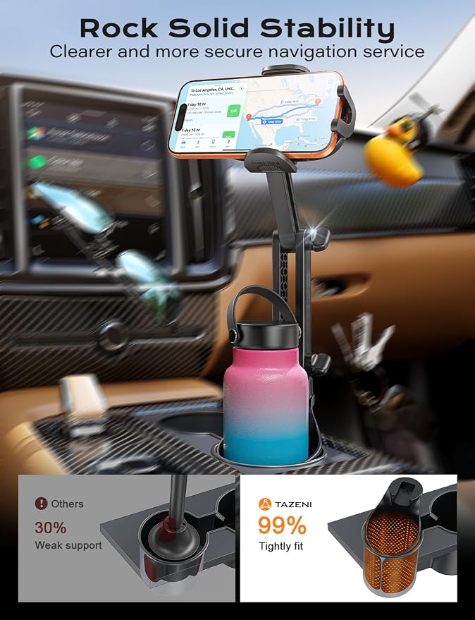 TAZENI 2-in-1 Cup Phone Holder for Car, with 2 Sizes Hollow Bases | Holds Phone & Bottle Together, Height Adjustable, Hands-free Viewing, Universal Fit, Fit 4.7-7 inches iPhone, Phones Android - Image 4