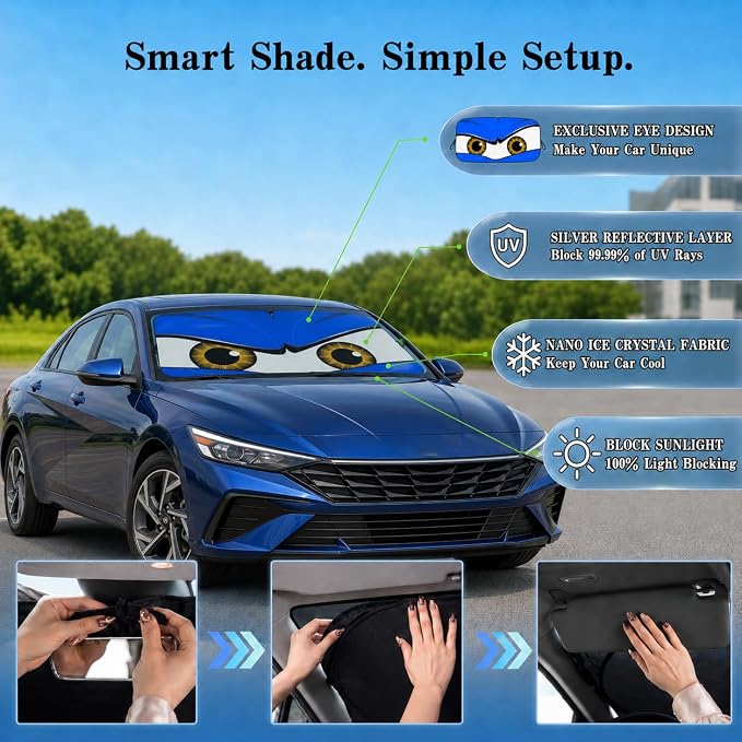 Car Windshield Sun Shade, Universal Fit Compact Sedan SUV, Monster Blue | 57 x 29.5" Car Sun Visor, Foldable Front Window Sunshade, UV Heat Protection, Cute Eyes Series - Image 4