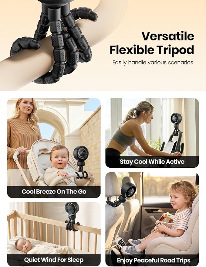 Warmco Portable Stroller Fan, 4000mAh Rechargeable Clip On Fan | Flexible Tripod, Up to 15H, 4 Speeds, LED Display, Detachable Grille, Quiet Operation, for Car Seat, Crib - Image 7