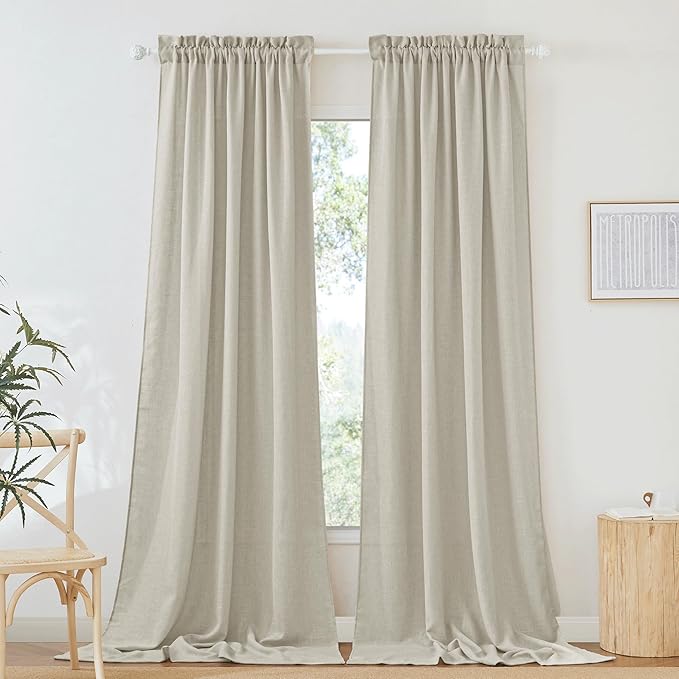 RYB HOME Linen Sheer Curtains Rich Linen Woven Soft Absorbent Drapes UV Rays Protection Light Filtering for Party Backdrop, Farmhouse, Doorway, Lobby, Hotel, W 52 x L 108 inch, 2 Pack, Angora by RYBHOME