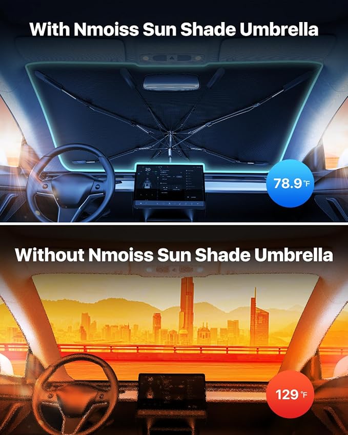 Nmoiss 2026 Windshield Sun Shade Umbrella [Vinyl Coating Heat Shield] | Protect Car from Sun Rays & Heat Damage Keep Cool and Protect Interior, Spring Structure Edge Medium 56" L x 31" W - Image 2