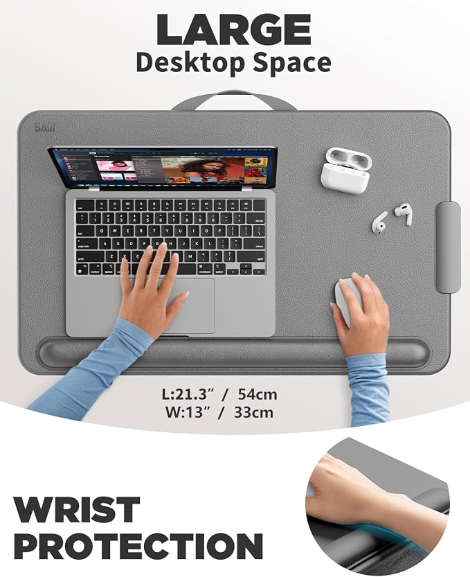 SAIJI Lap Desk with Cushion, Computer Laptop Stand, Lap Laptop Table | Built-in Drawer Storage, Phone Holder, Wrist Pad, Fits Up to 17" Laptops,Leather Surface, Lap Stand for Bed & Couch - Image 2