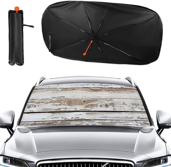 Wooden Board White Old Style Car Windshield Sun Shade Foldable Umbrella Auto Sunshade for Car Truck SUV-Blocks Sun Visor Protector-Keeps Your Vehicle Cool - Image 2
