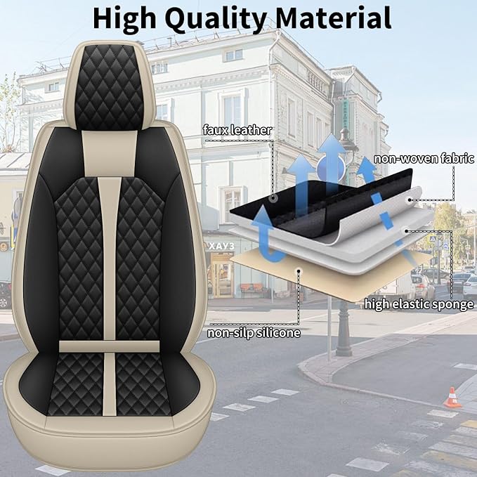 IKABEVEM Car Seat Covers Fit for Mazda CX-7 2007-2012 Full Set | Waterproof Faux Leather, Airbag Compatible, Easy Install & Wipe Car Seat Protector,5 Seats Covers Fit for CX-7, Beige&Black - Image 3