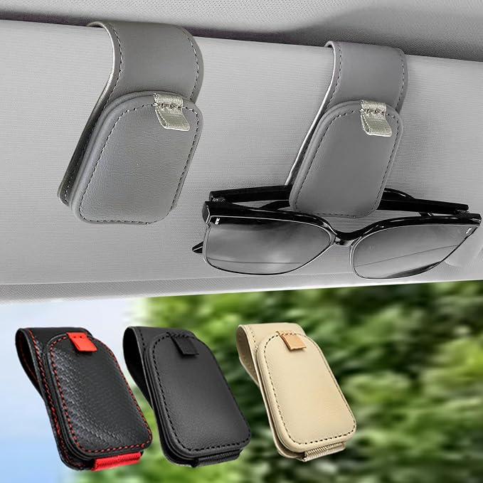 Sunglass Holder for Car, 2 Pack Car Sunglass Holder Visor Clip Magnetic Leather Sun Glasses Eyeglass Hanger, Gray, Fit for Different Size Eyeglasses by Teoenix