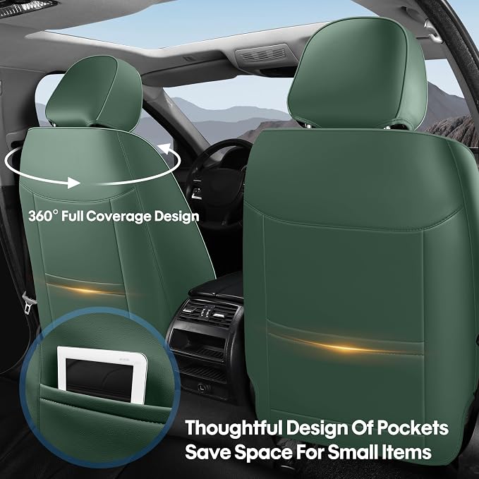 Car Seat Covers Custom Fit for Ford F150 2009-2026, Faux Leather Seat Cover Set for 2017-2026 F250 F350 F450, Accomodating Regular Cab Super Cab Super Crew Pickup Truck Cushions(BlackGreen,Front Seat) - Image 2