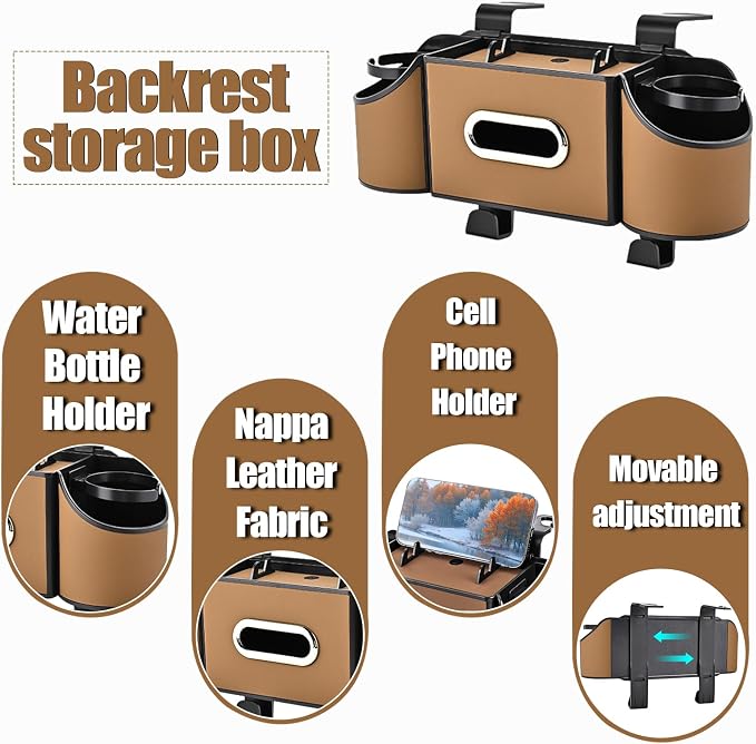 Back Seat Car Organizer,4 in 1 Multifunctional Car Back Seat Storage Box with Drink Cup Holder Tissue Box, for Hold Phone,Snacks, Drinks, Handbag-Light Brown - Image 3