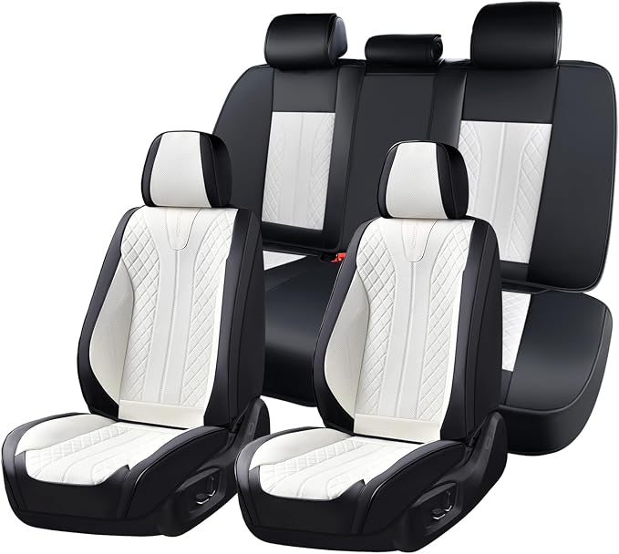 FLORICH Seat Covers Full Set Luxury Faux Leather Front and Rear Car Seat Cover Waterproof Automotive Seat Covers 5 Seats Car Seat Protector Universal Fit for Most Cars SUV Trucks, Black&White by FLORICH