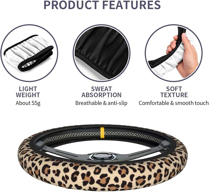 Leopard Cheetah Print Steering Wheel Cover 15 Inch + 2pc car Coasters | Universal Anti-Slip Breathable Animal Print Matching Set for Men Women - Image 6