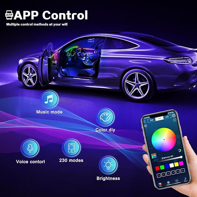Dreamcolor Acrylic Interior Car LED Strip Light with Wireless APP, RGB 22 in 1 with 175 inches 600 LEDs Fiber Optic Ambient Lighting Kits, Dynamic Chasing Music Sync Neon LED Strip for Car Accessories - Image 4