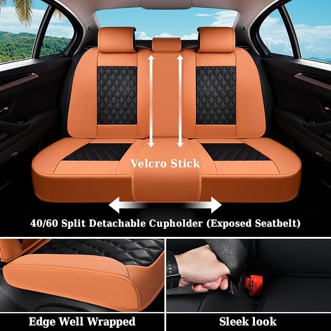 Coverado Universal Car Seat Covers Full Set, Vintage-Style Soft Waterproof Faux Leather Front & Rear Seat Protectors, Comfortable Anti-Stain Interior for Most Vehicles – BrownBlack - Image 8
