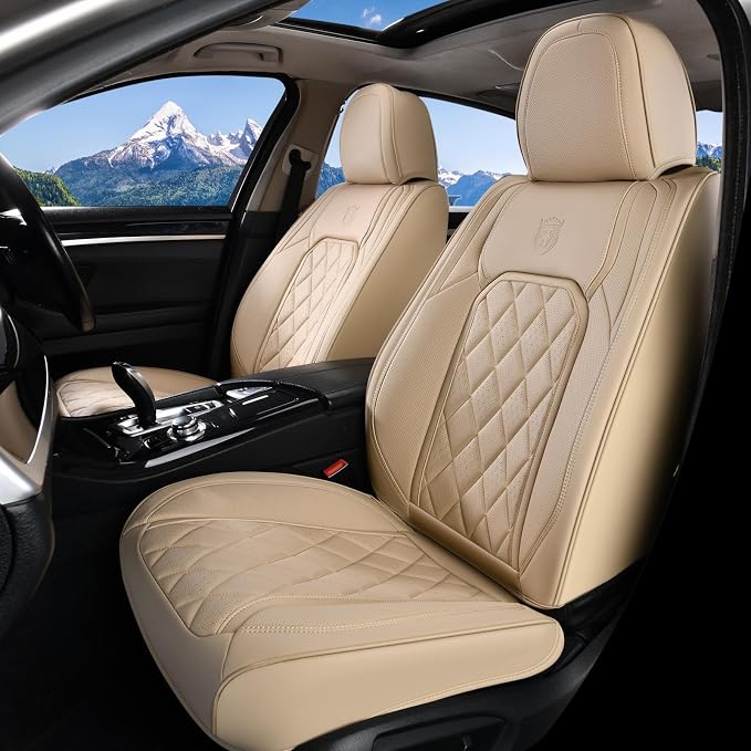 Coverado Car Seat Covers Full Set, 5 Seat Universal Seat Cover for Cars, Luxury Faux Leather Waterproof Seat Covers, Front and Back Car Seat Protector, Auto Seat Covers Fit for Most Vehicles, Beige - Image 6