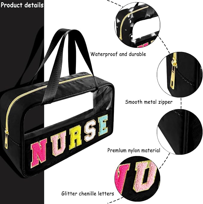 Bunliuys Chenille Letter Clear Makeup Bag with Nurse Patch, Travel Toiletry Makeup Bag with Handle, Nylon Waterproof Cosmetic Bag, Preppy Patch Makeup Bag for Women (NURSE-Black) - Image 3