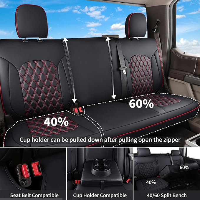 Huidasource Silverado Seat Covers, Sierra Seat Covers, Truck Seat Cover for Chevy Silverado/GMC 2007-2013&2019-2026 1500, 2020-2026 2500HD 3500HD Crew Double Extended Cab Thickened Nappa Leather, Red - Image 3
