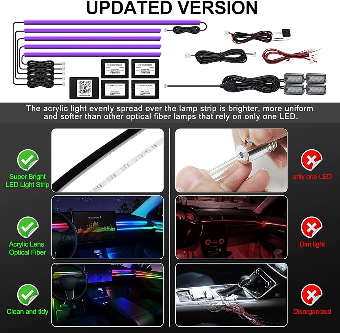 Acrylic Interior Car LED Strip Light with Wireless APP, RGB 10 in 1 with 175 inches 593 LEDs Fiber Optic Ambient Lighting Kits, 16 Million Colors Sound Active Function Car Neon Lights - Image 5