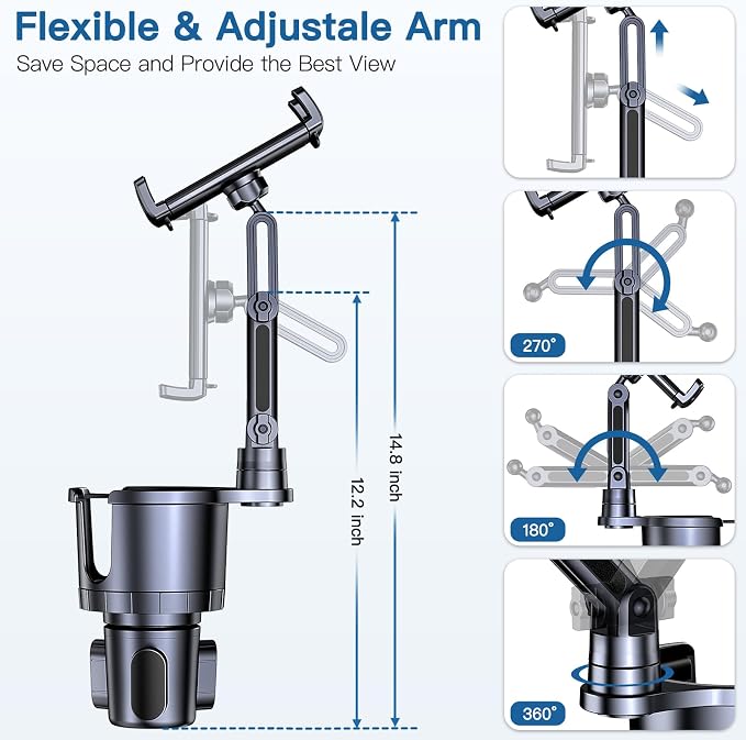 Cup Holder Phone Tablet Mount, 2 in 1 iPad Car Cup Holder with Expander Adjustable Arm for 4.7-10 inches Phone Tablet Mount Compatible for iPad Pro Air Mini, Fire,iPhone 17,Galaxy Phones - Image 4