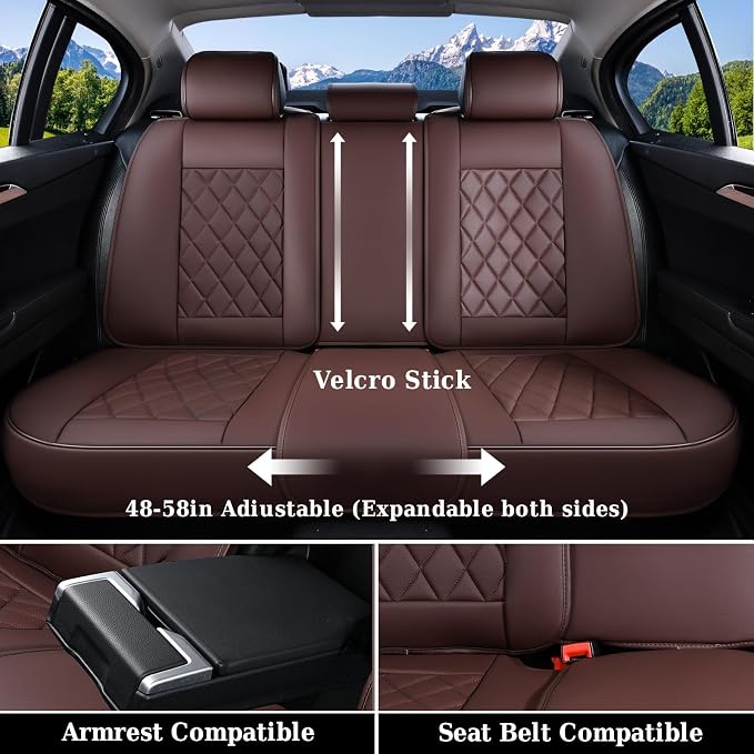 Coverado Car Seat Covers Full Set, Luxury Faux Leather Waterproof Seat Cover, Front and Back Car Seat Protector, Universal 5 Seat Leather Seat Cushion, Carseat Cover Fit Most Cars, Coffee - Image 3