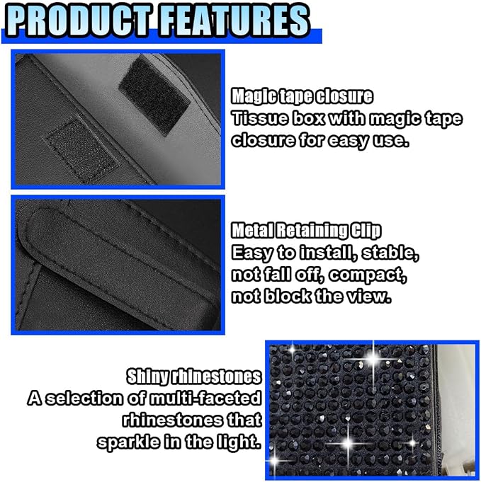 Bling Car Sun Visor Tissue Box Holder, PU Leather Auto Paper Towel Cover, Glitter Crystal Rhinestone Napkin Holder, Car Decoration Accessories for Women (Black) - Image 4