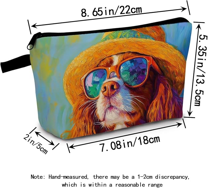 Cavalier King Charles Spaniel Makeup Bag Vintage Oil Painting Style Adorable Dog with Straw Hat & Sunglasses Artistic Cosmetic Pouch for Dog Lovers Gift for Pet Enthusiasts - Image 2
