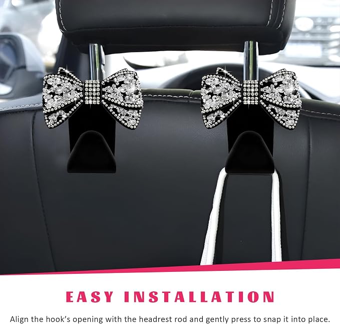 2 PCS Bling Car Headreat Hook, Crystal Rhinestone Bow Hanger Multifunctional Rear Seats Storage Organizer, Vehicle Sparkling Diamond Seat Headrest Hooks for Handbag Purse Coat (Black) - Image 4