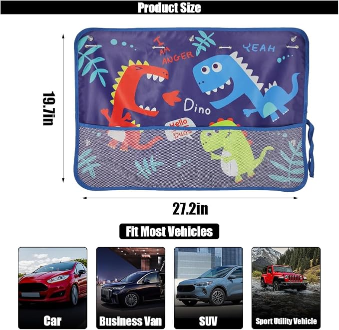 GLSOWEE Car Window Shade for Baby, Blackout Car Window Curtain, Dinosaurs | Storage Pockets & 7 Suction Cups, Cartoon Pattern Car Side Window Sun Shade Cover for Sun/Heat/UV Rays Protection, Blue - Image 2
