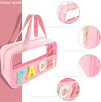 Bunliuys Chenille Letter Clear Makeup Bag Face Patch, Travel Toiletry Makeup Bag with Handle, Nylon Waterproof Makeup Bags clear cosmetic bag, preppy patch makeup bag for Women (FACE-Pink) - Image 3