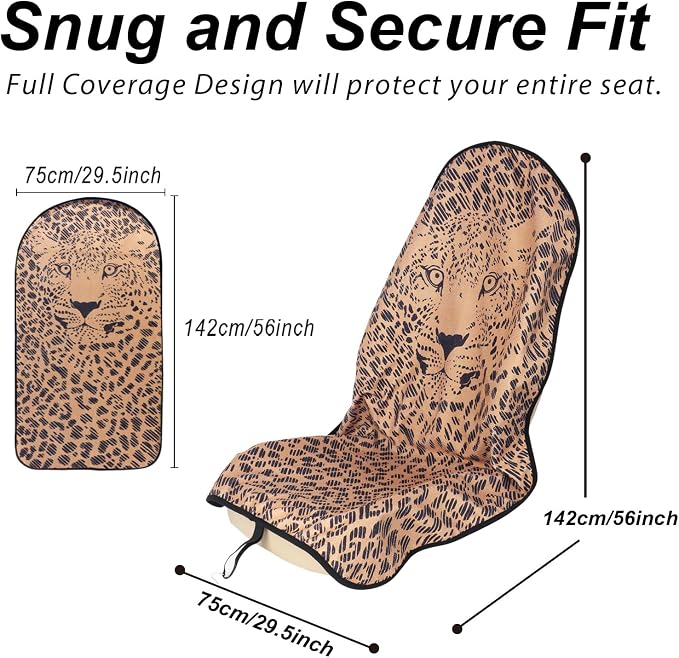 Sweat Towel Car Seat Cover Protector Front Seats for Gym Workout, Running, Swimming, Beach and Hiking, Waterproof Universal Seat Cover for Car, Trucks, Van & SUV (2, Leopard Head, Front) - Image 2