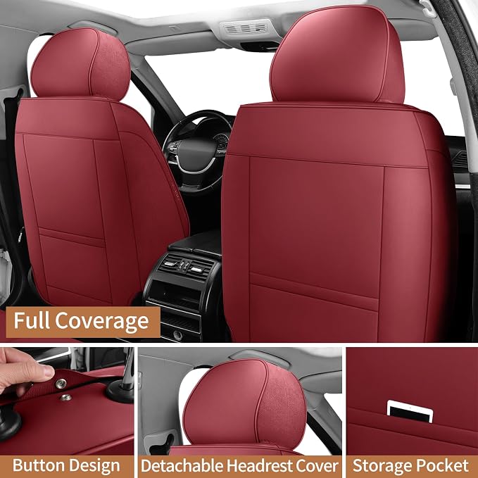 Leather Front Seat Covers for Cars Automotive Seat Protectors | Breathable Waterproof Durable Full Surround & Lumbar Support Design Non-Slip Universal Fit for Most Cars SUVs Trucks Vans Red - Image 5