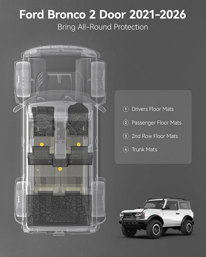 3W Floor Mats & Cargo Liner for 2021-2026 Ford Bronco 2 Door | (Not for Bronco Sport & Rubberized Floor)All Weather TPE Car Accessories Custom Fit Floor Liner and Full Set Car Mats - Image 4