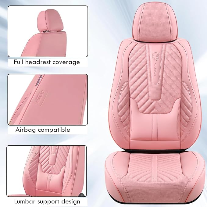 Coverado Seat Covers Front Seats, Car Seat Cover Protector with Lumbar Support, Waterproof Car Seat Cushion, Leather Seat Covers Carseat Cover Universal Fit for Most Cars，Pink - Image 3